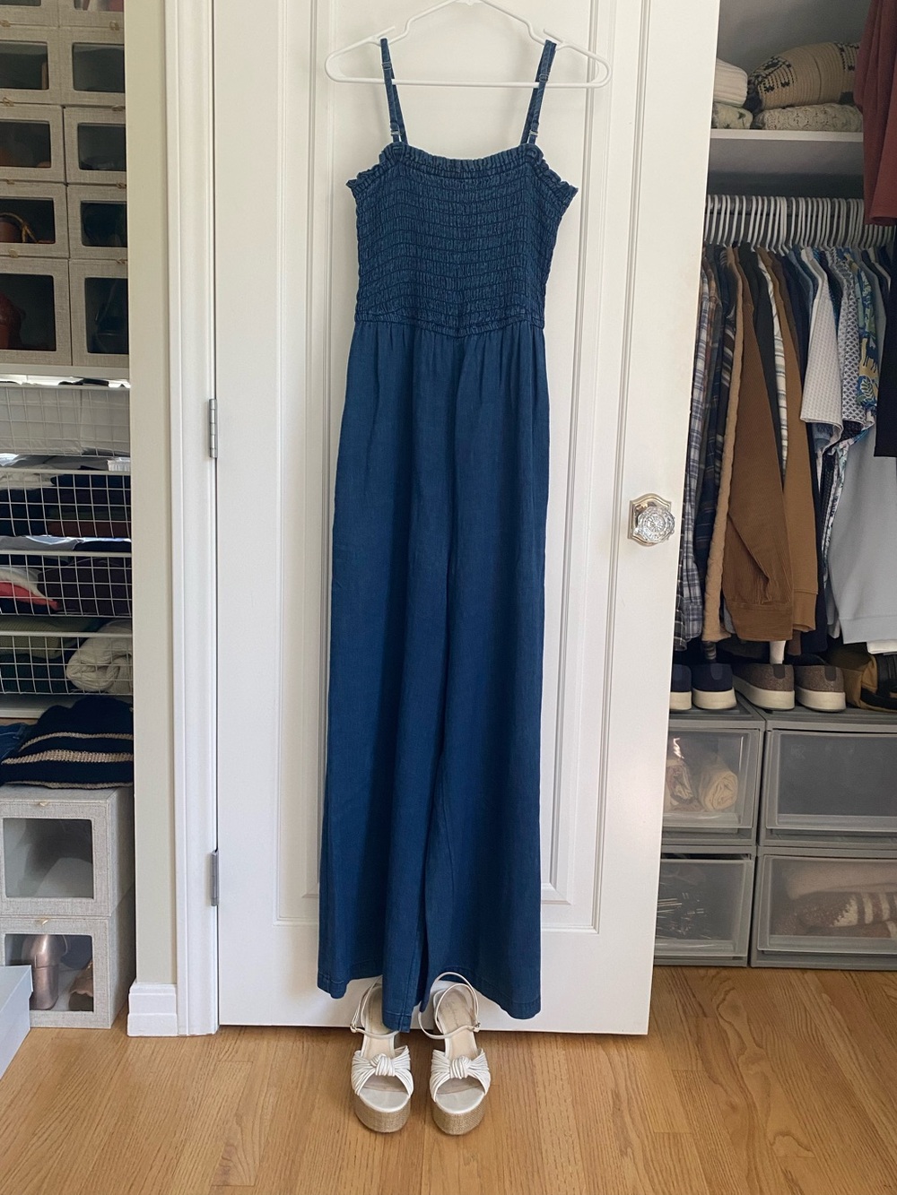 Anthropologie: Pilcro- Smocked Navy Wide-Leg Jumpsuit